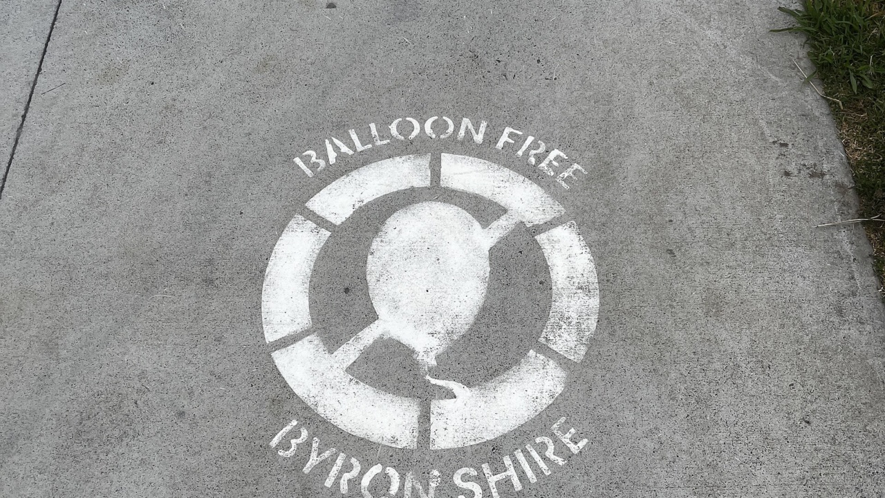 Skatepark: Balloon Free Byron Shire signs near the skate park at the Mullumbimby Recreation Ground 03