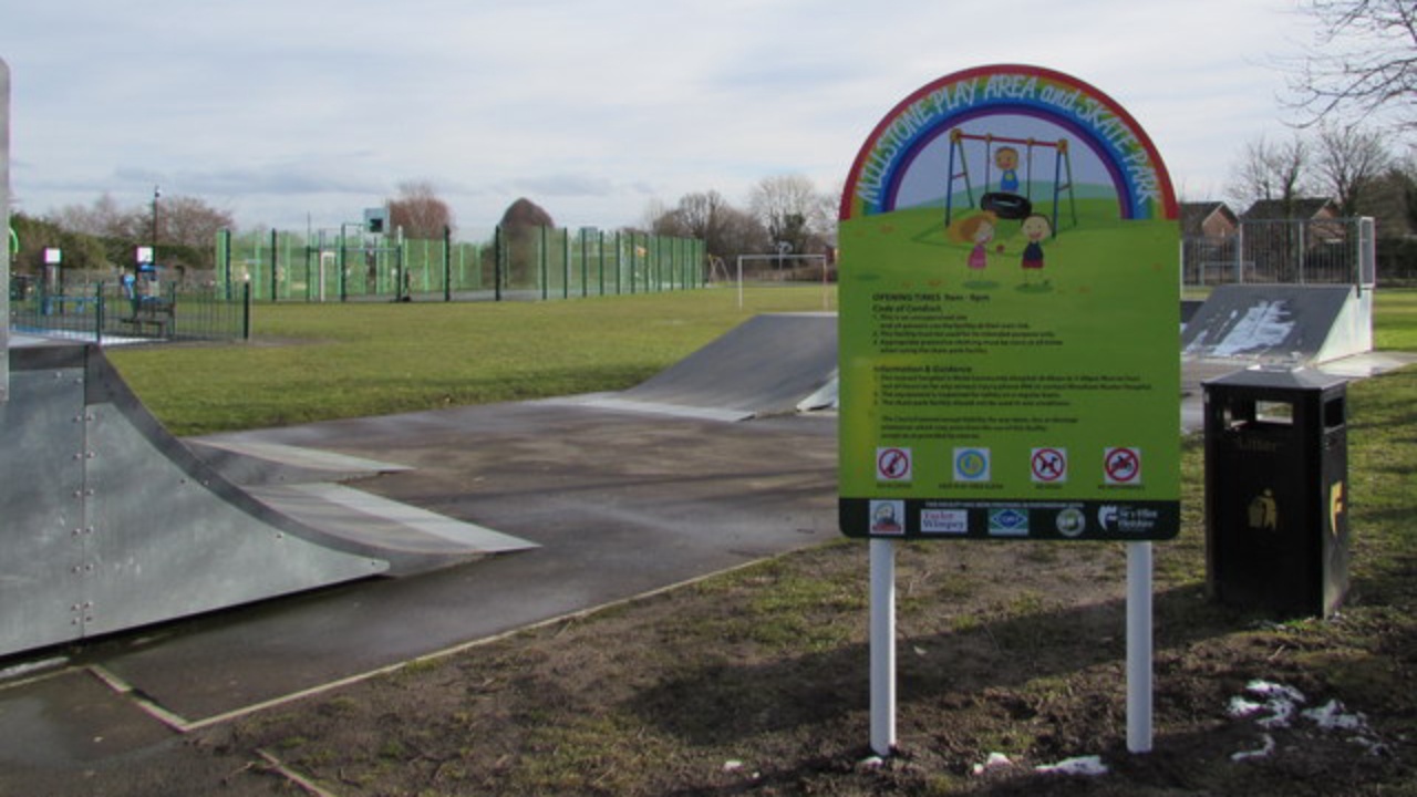 Skatepark: Millstone Play Area and Skate Park name sign, Penyffordd, Flintshire